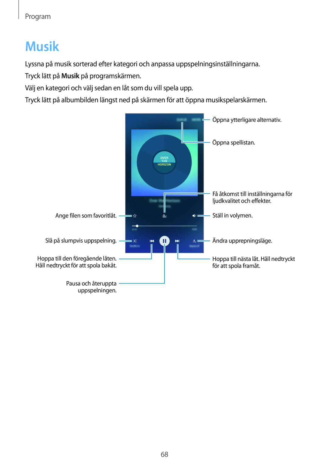 Samsung SM-G903FZKANEE manual Musik, Ange filen som favoritlåt Slå på slumpvis uppspelning 