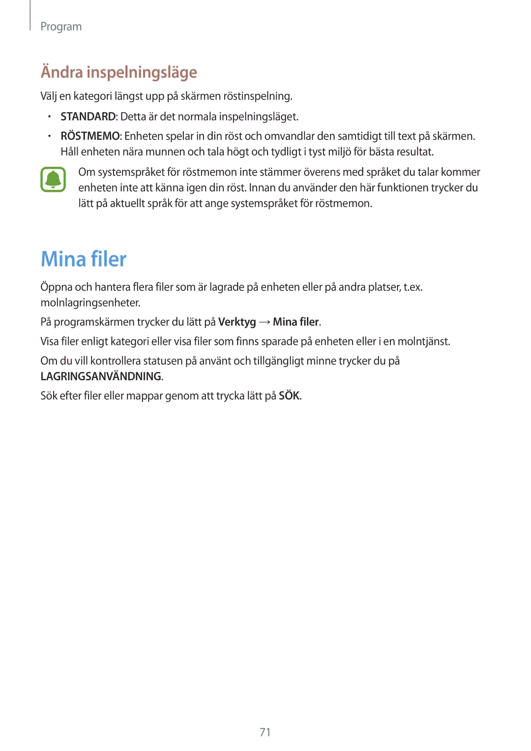 Samsung SM-G903FZKANEE manual Mina filer, Ändra inspelningsläge, Sök efter filer eller mappar genom att trycka lätt på SÖK 