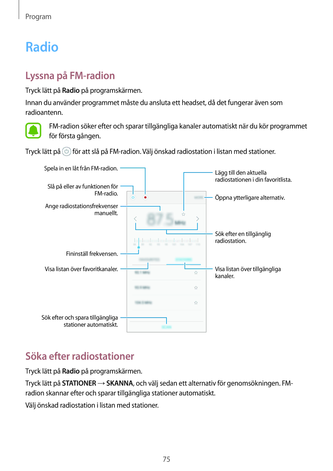 Samsung SM-G903FZKANEE manual Lyssna på FM-radion, Söka efter radiostationer, Tryck lätt på Radio på programskärmen 