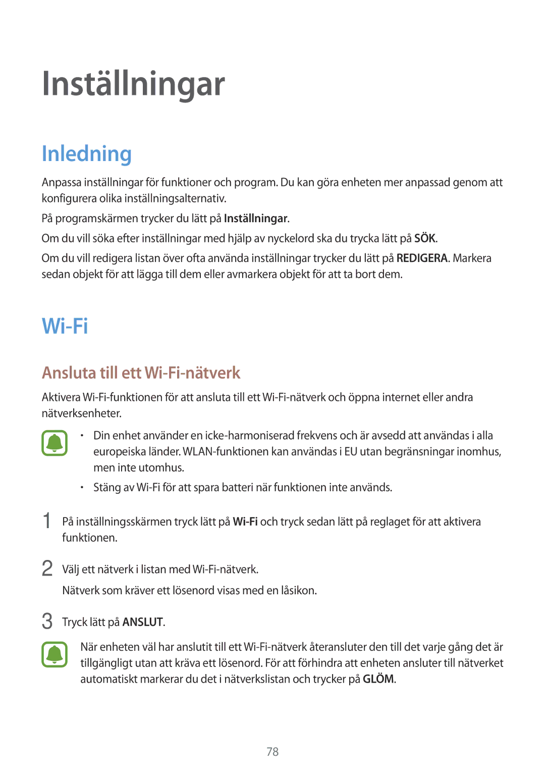 Samsung SM-G903FZKANEE manual Inledning, Ansluta till ett Wi-Fi-nätverk 