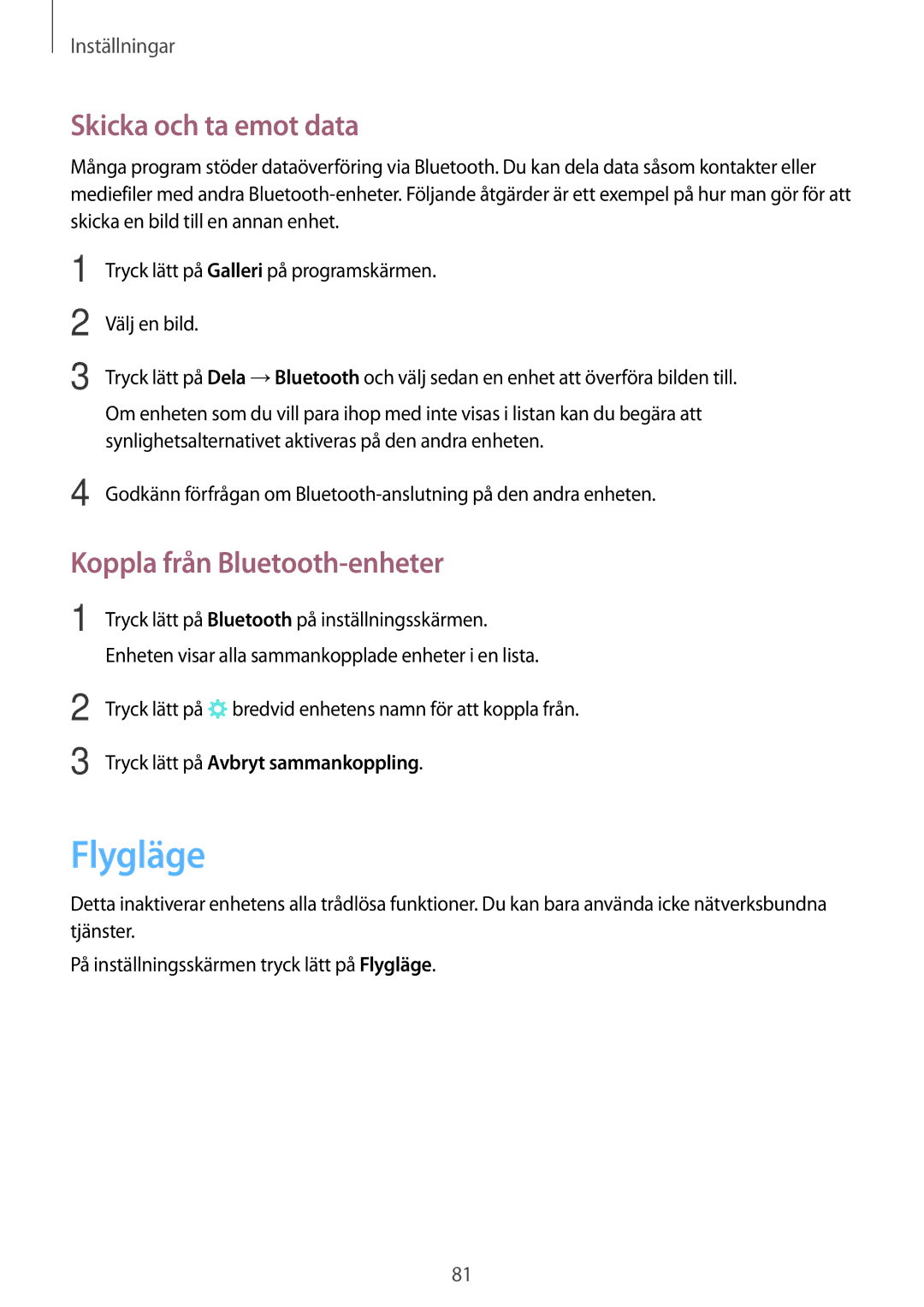 Samsung SM-G903FZKANEE manual Flygläge, Skicka och ta emot data, Koppla från Bluetooth-enheter 