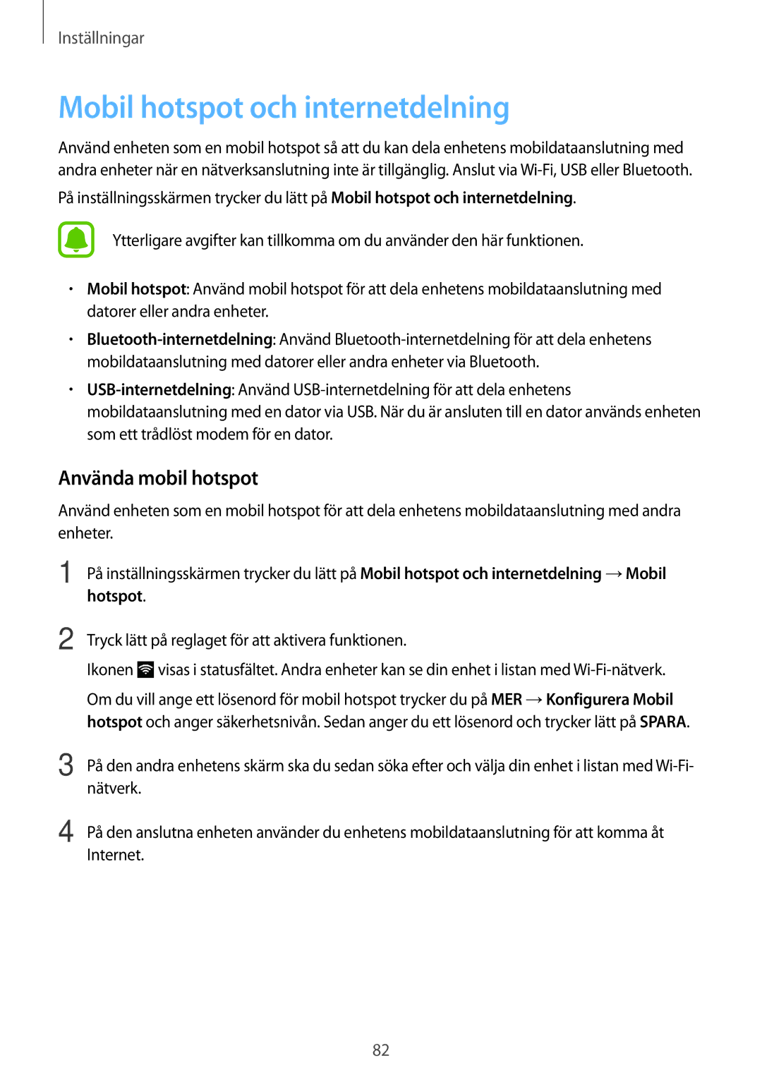 Samsung SM-G903FZKANEE manual Mobil hotspot och internetdelning, Använda mobil hotspot 