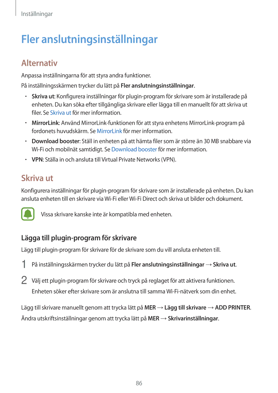 Samsung SM-G903FZKANEE manual Fler anslutningsinställningar, Alternativ, Skriva ut, Lägga till plugin-program för skrivare 