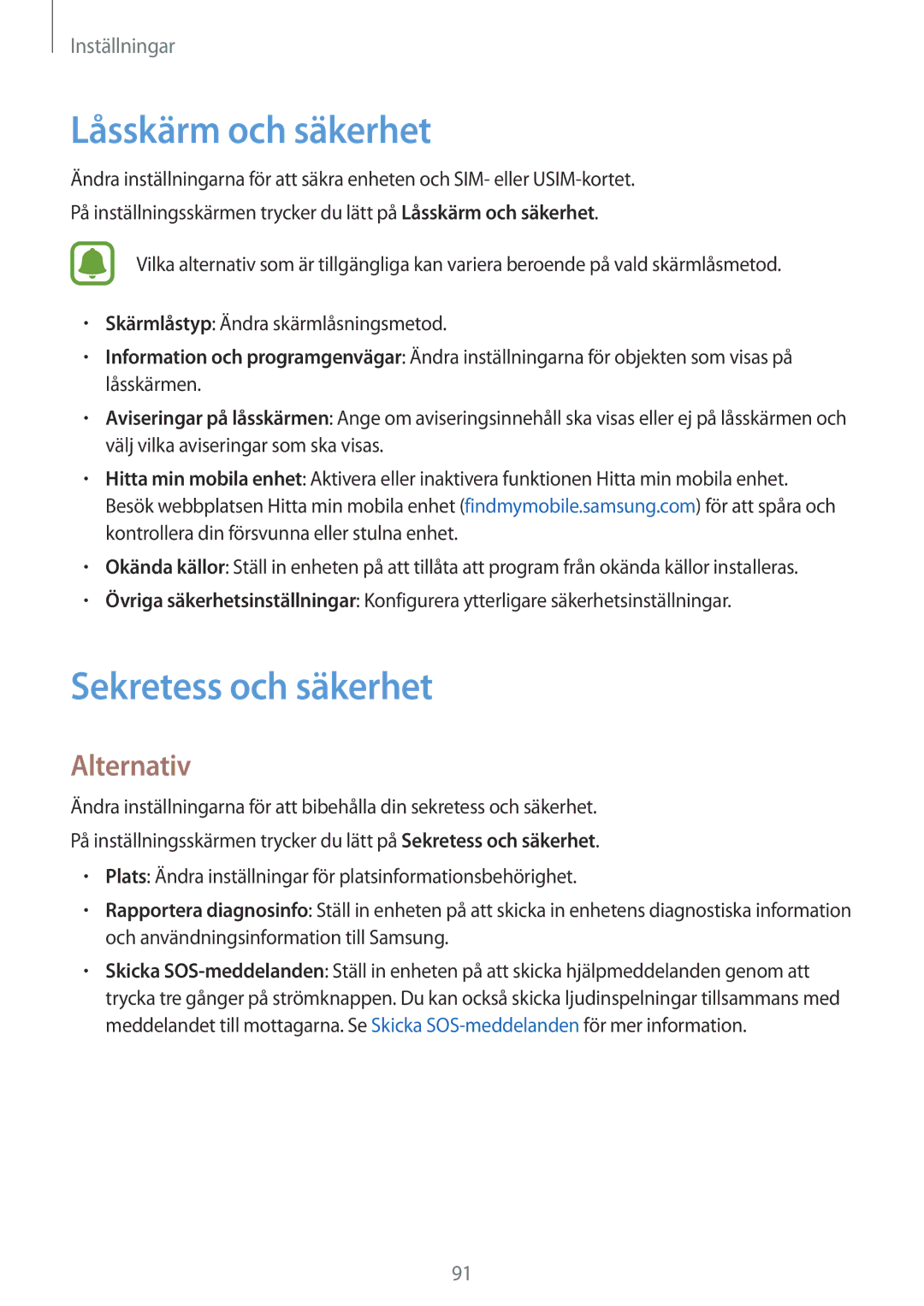 Samsung SM-G903FZKANEE manual Låsskärm och säkerhet, Sekretess och säkerhet 