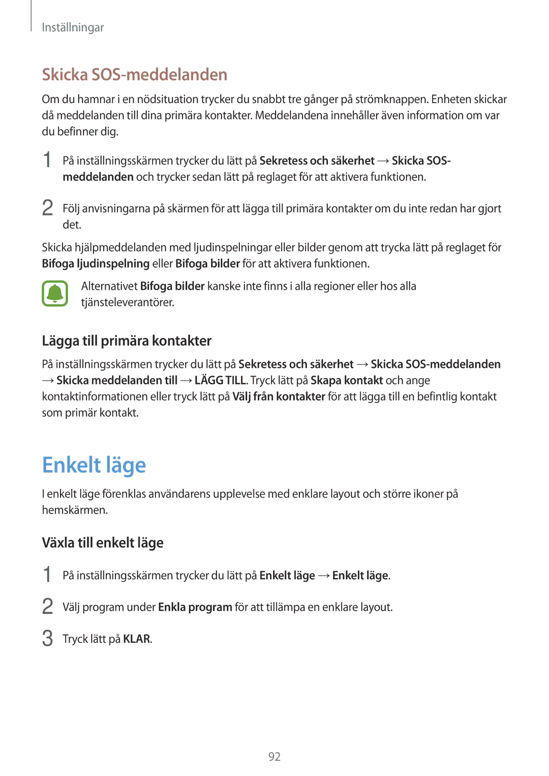 Samsung SM-G903FZKANEE Enkelt läge, Skicka SOS-meddelanden, Lägga till primära kontakter, Växla till enkelt läge, Det 