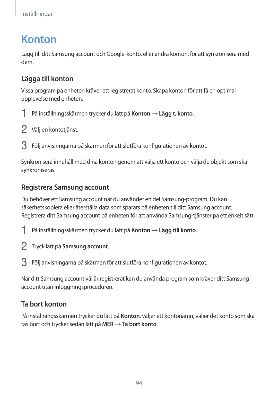 Samsung SM-G903FZKANEE manual Konton, Lägga till konton, Registrera Samsung account, Ta bort konton 