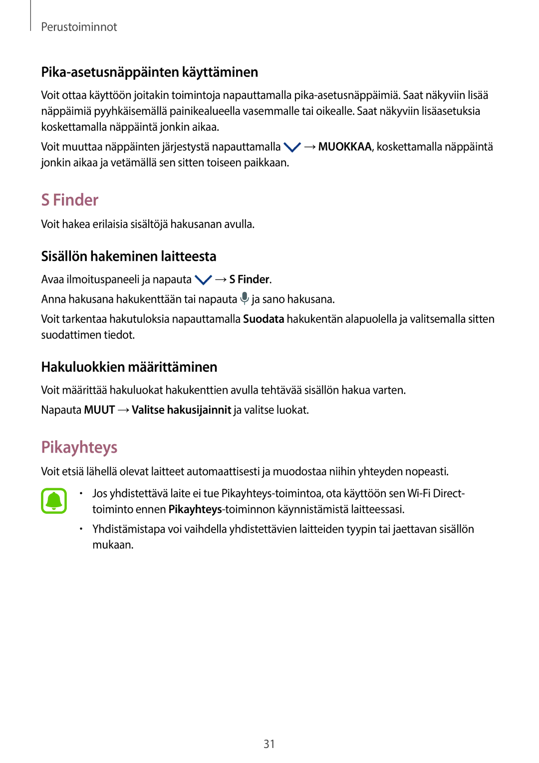 Samsung SM-G903FZKANEE manual Finder, Pikayhteys, Pika-asetusnäppäinten käyttäminen, Sisällön hakeminen laitteesta 