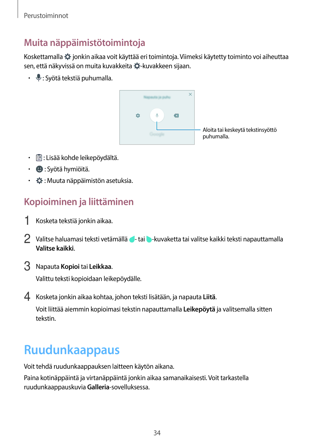 Samsung SM-G903FZKANEE manual Ruudunkaappaus, Muita näppäimistötoimintoja, Kopioiminen ja liittäminen 