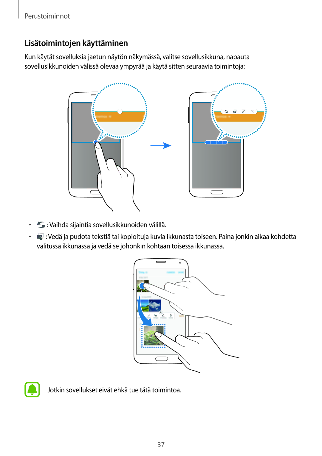 Samsung SM-G903FZKANEE manual Lisätoimintojen käyttäminen, Vaihda sijaintia sovellusikkunoiden välillä 