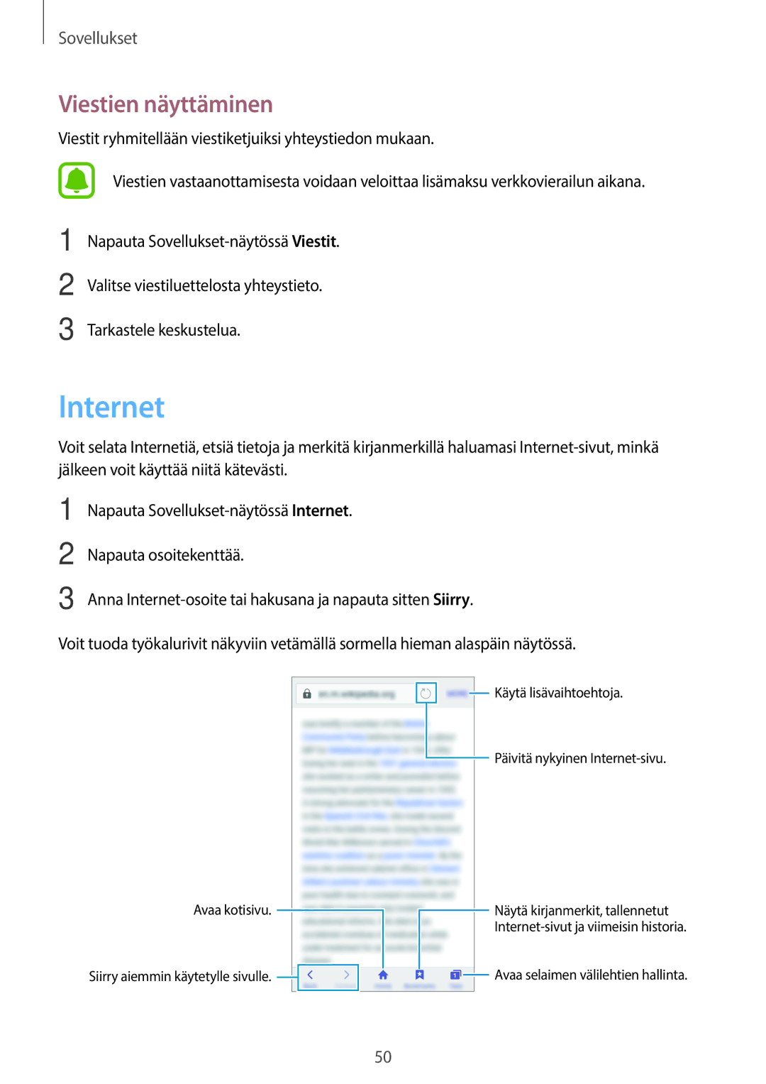 Samsung SM-G903FZKANEE manual Internet, Viestien näyttäminen 