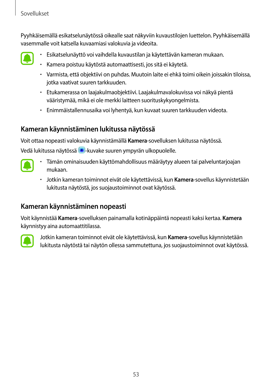 Samsung SM-G903FZKANEE manual Kameran käynnistäminen lukitussa näytössä, Kameran käynnistäminen nopeasti 