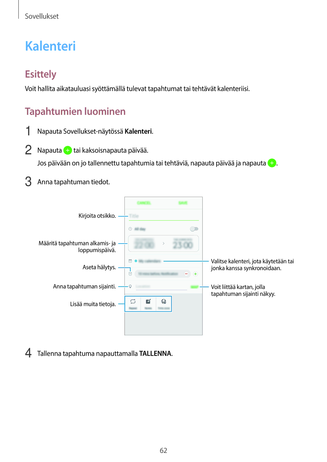 Samsung SM-G903FZKANEE manual Kalenteri, Tapahtumien luominen 