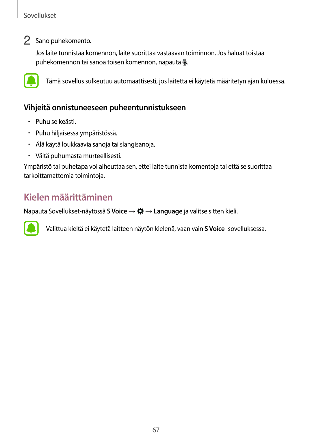 Samsung SM-G903FZKANEE manual Kielen määrittäminen, Vihjeitä onnistuneeseen puheentunnistukseen 