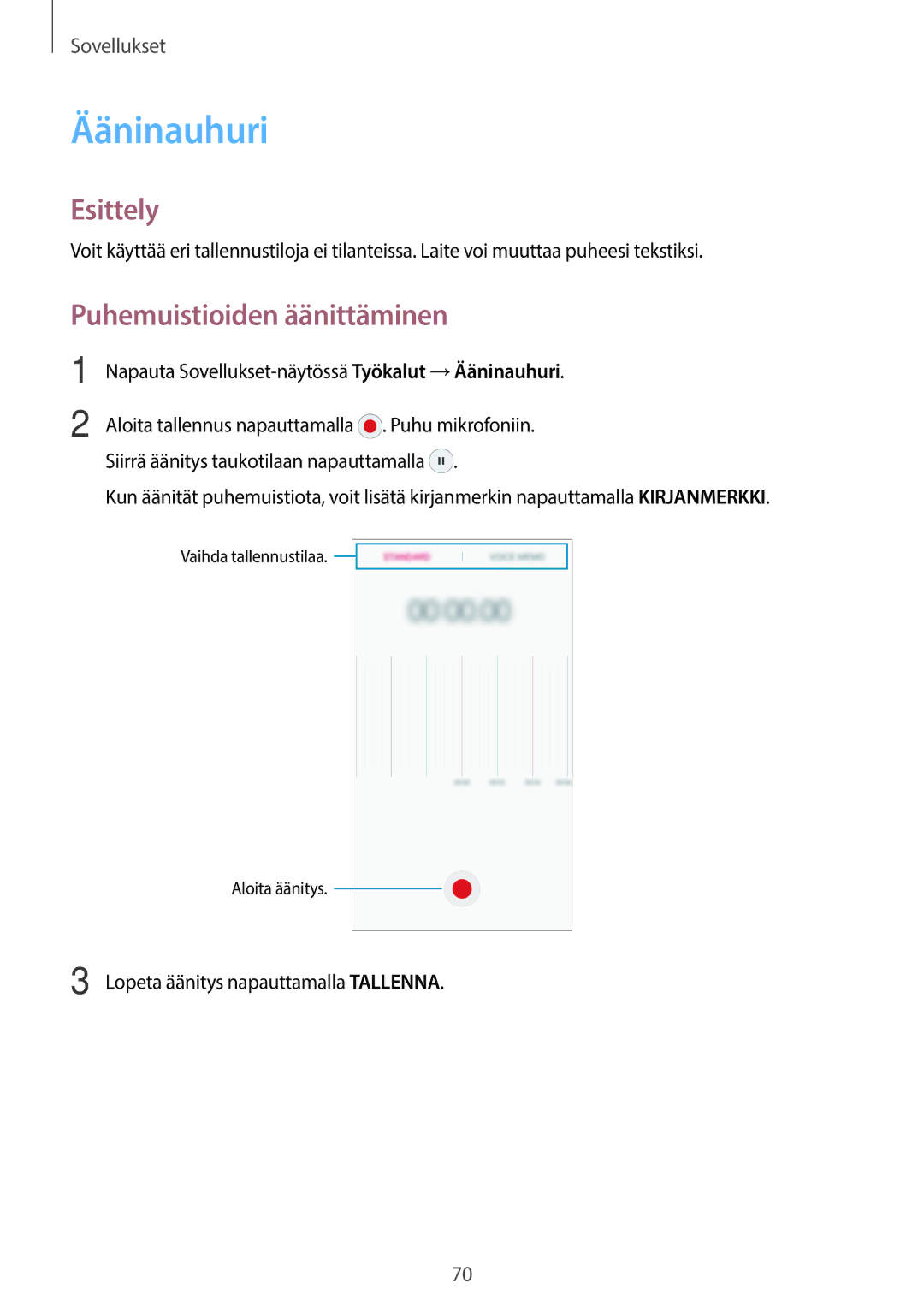 Samsung SM-G903FZKANEE manual Ääninauhuri, Puhemuistioiden äänittäminen 