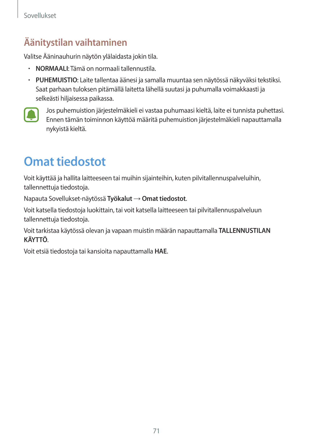 Samsung SM-G903FZKANEE manual Omat tiedostot, Äänitystilan vaihtaminen 