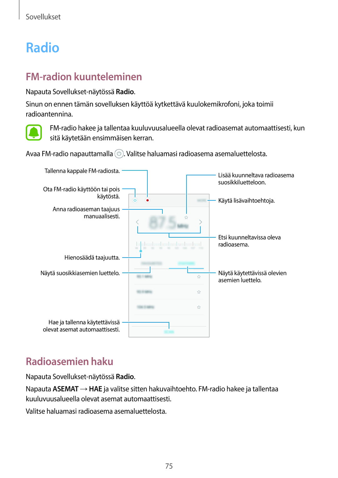 Samsung SM-G903FZKANEE manual FM-radion kuunteleminen, Radioasemien haku 