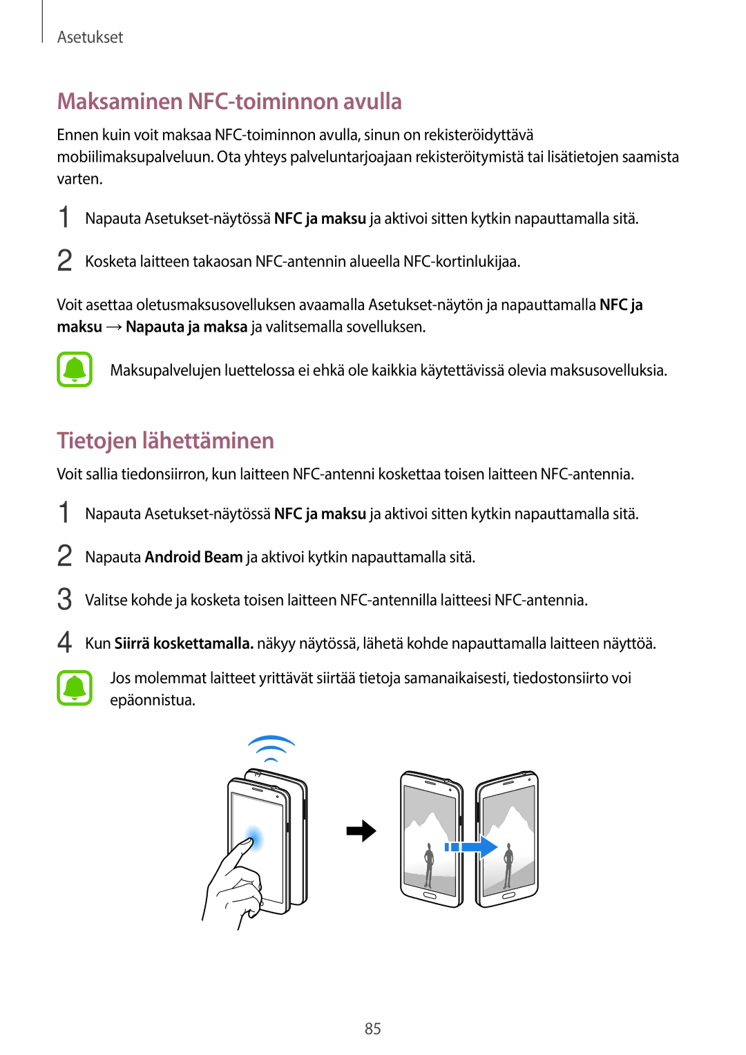 Samsung SM-G903FZKANEE manual Maksaminen NFC-toiminnon avulla, Tietojen lähettäminen 