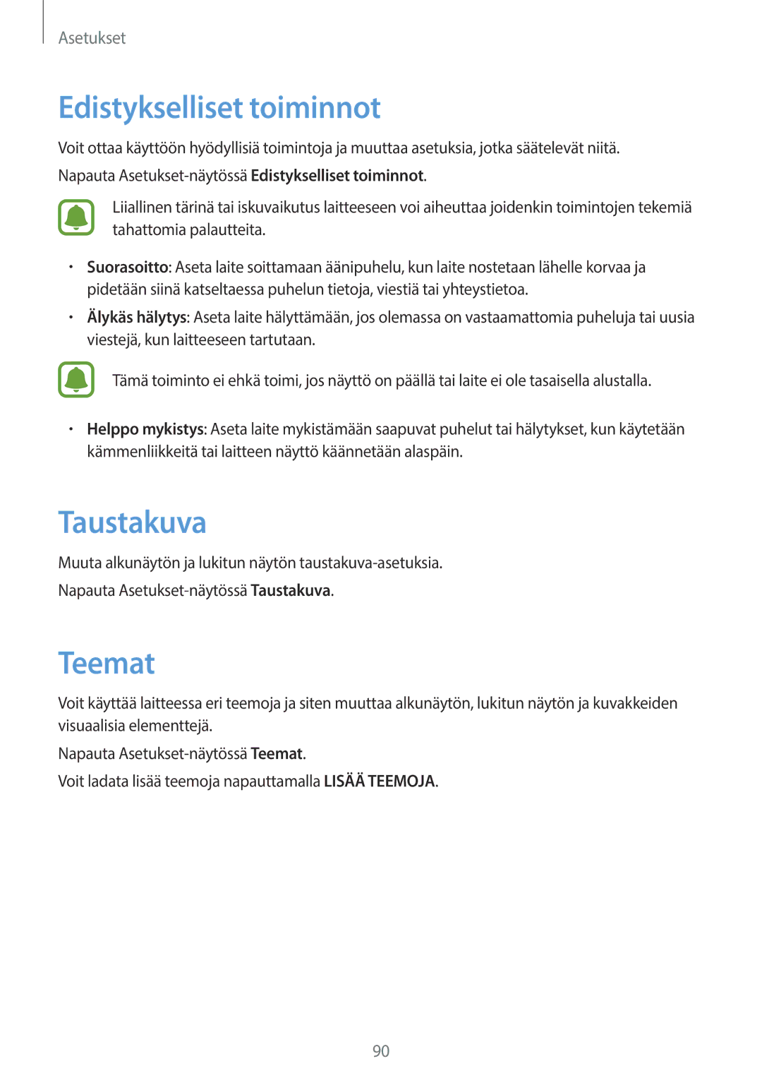 Samsung SM-G903FZKANEE manual Edistykselliset toiminnot, Taustakuva, Teemat 