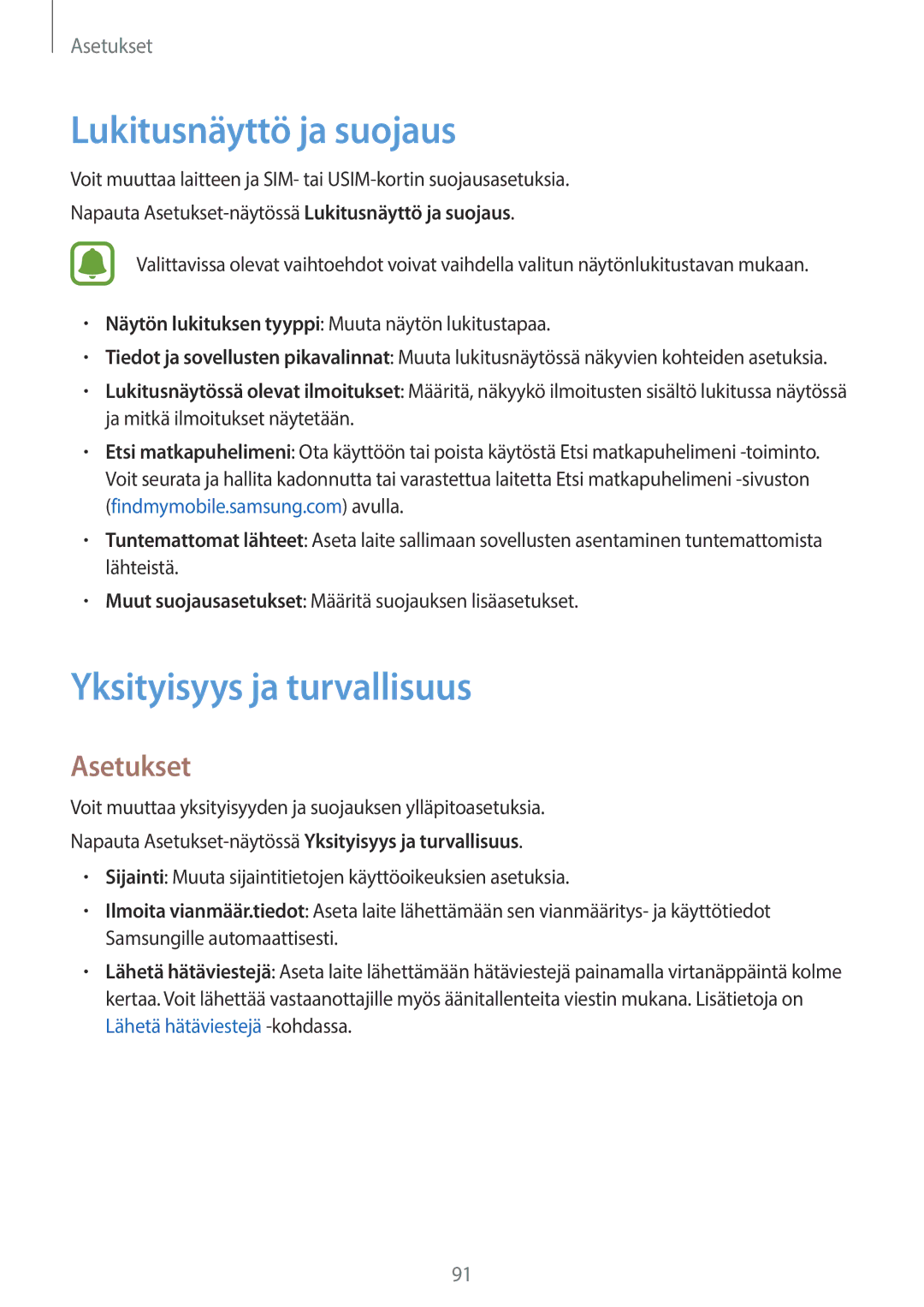 Samsung SM-G903FZKANEE manual Lukitusnäyttö ja suojaus, Yksityisyys ja turvallisuus 