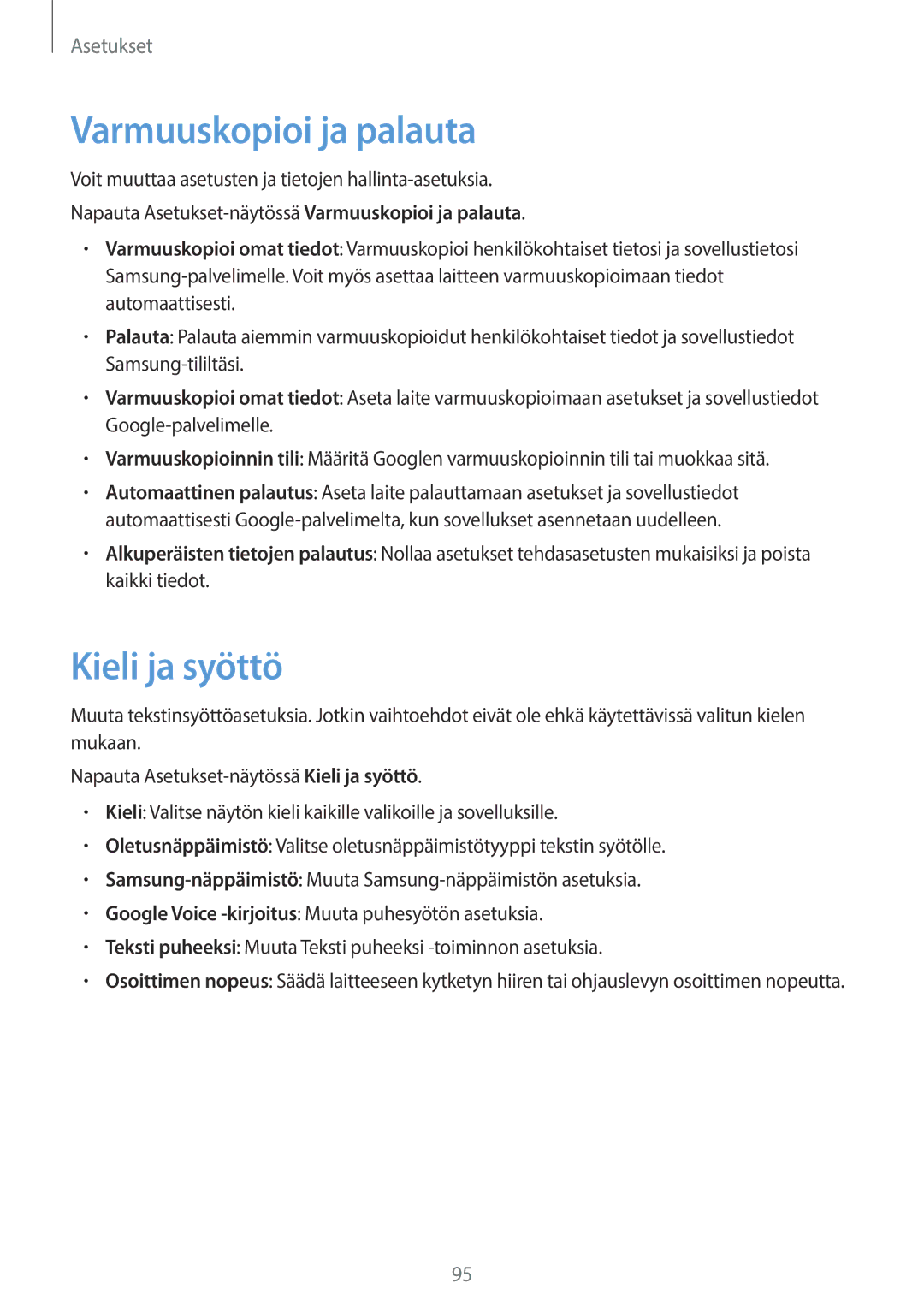 Samsung SM-G903FZKANEE manual Varmuuskopioi ja palauta, Kieli ja syöttö 