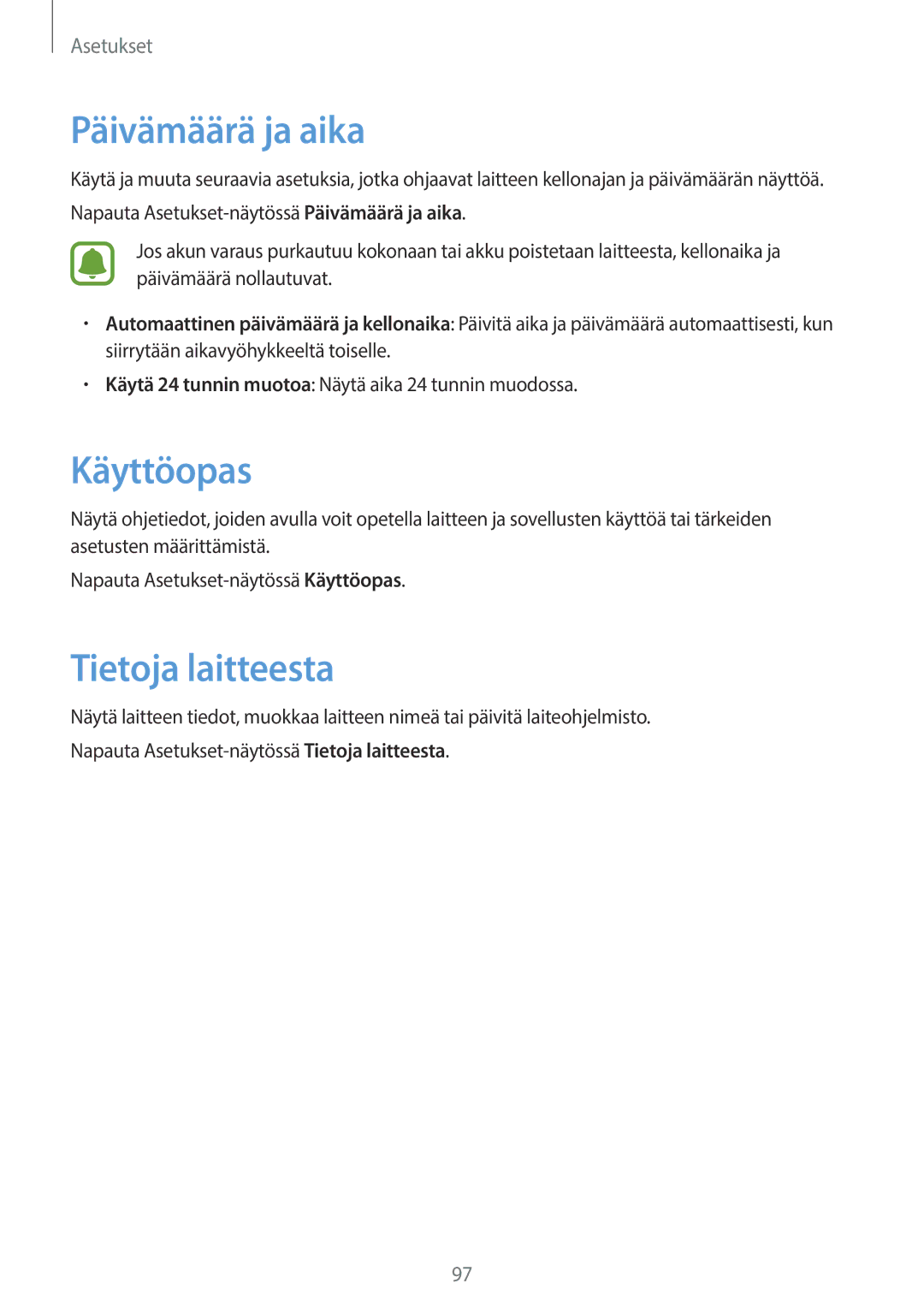 Samsung SM-G903FZKANEE manual Päivämäärä ja aika, Käyttöopas, Tietoja laitteesta 