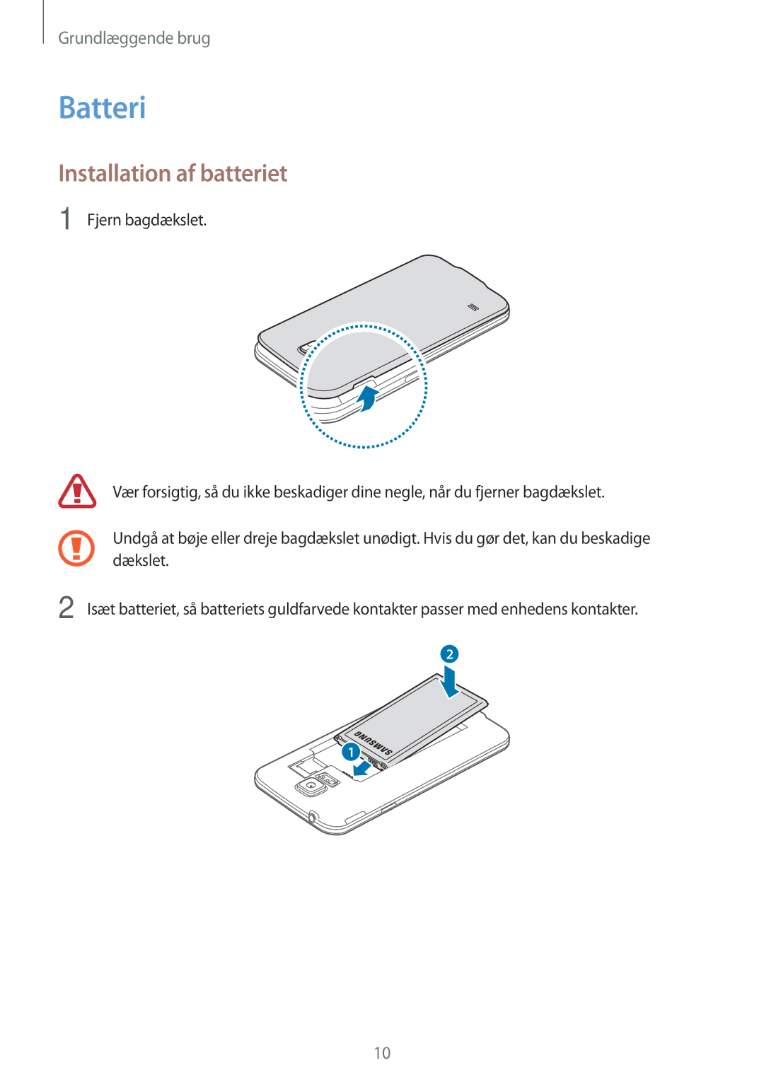 Samsung SM-G903FZKANEE manual Batteri, Installation af batteriet 