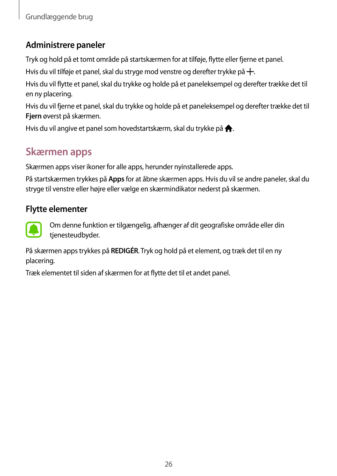 Samsung SM-G903FZKANEE manual Skærmen apps, Administrere paneler, Flytte elementer 