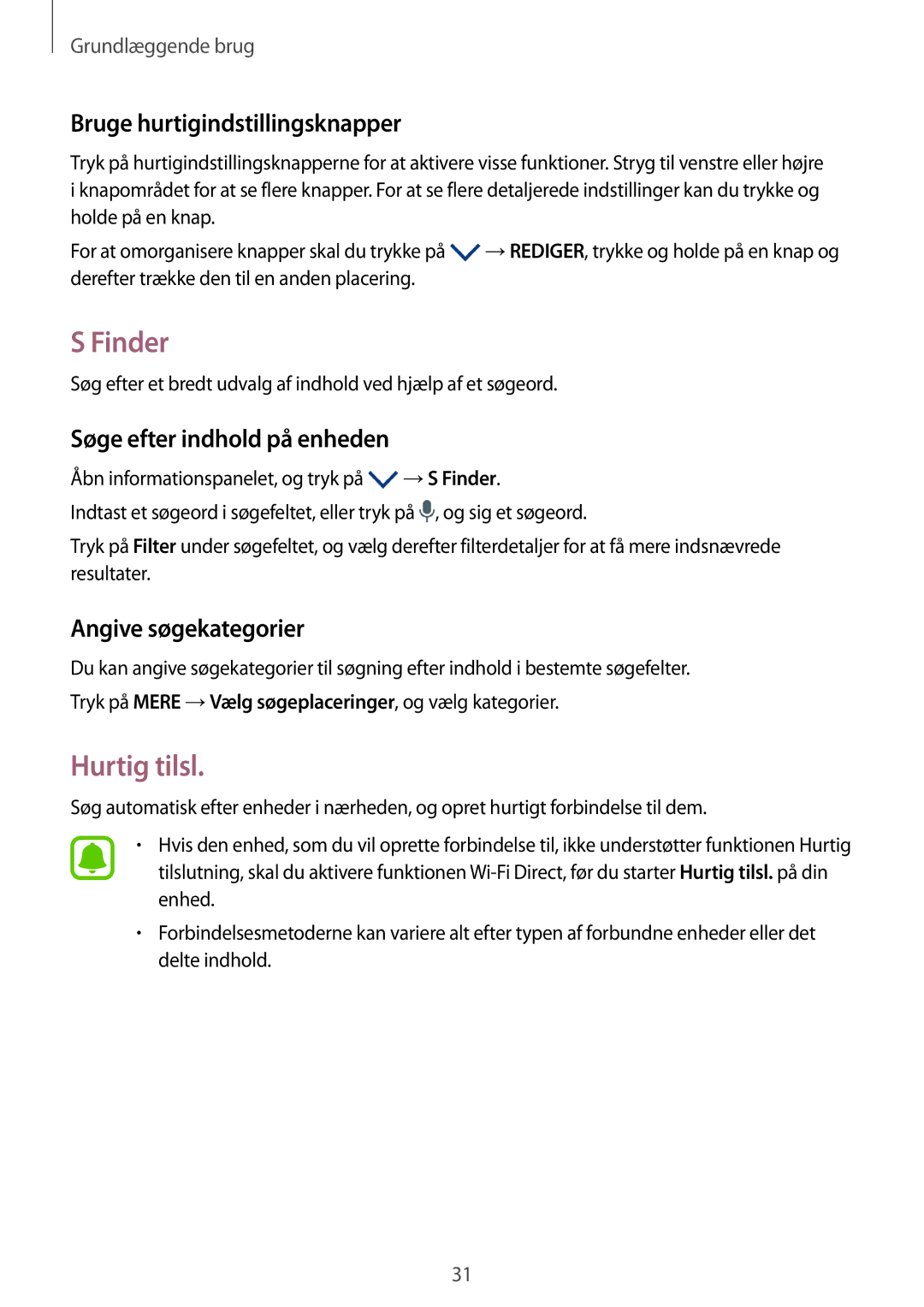 Samsung SM-G903FZKANEE manual Finder, Hurtig tilsl, Bruge hurtigindstillingsknapper, Søge efter indhold på enheden 