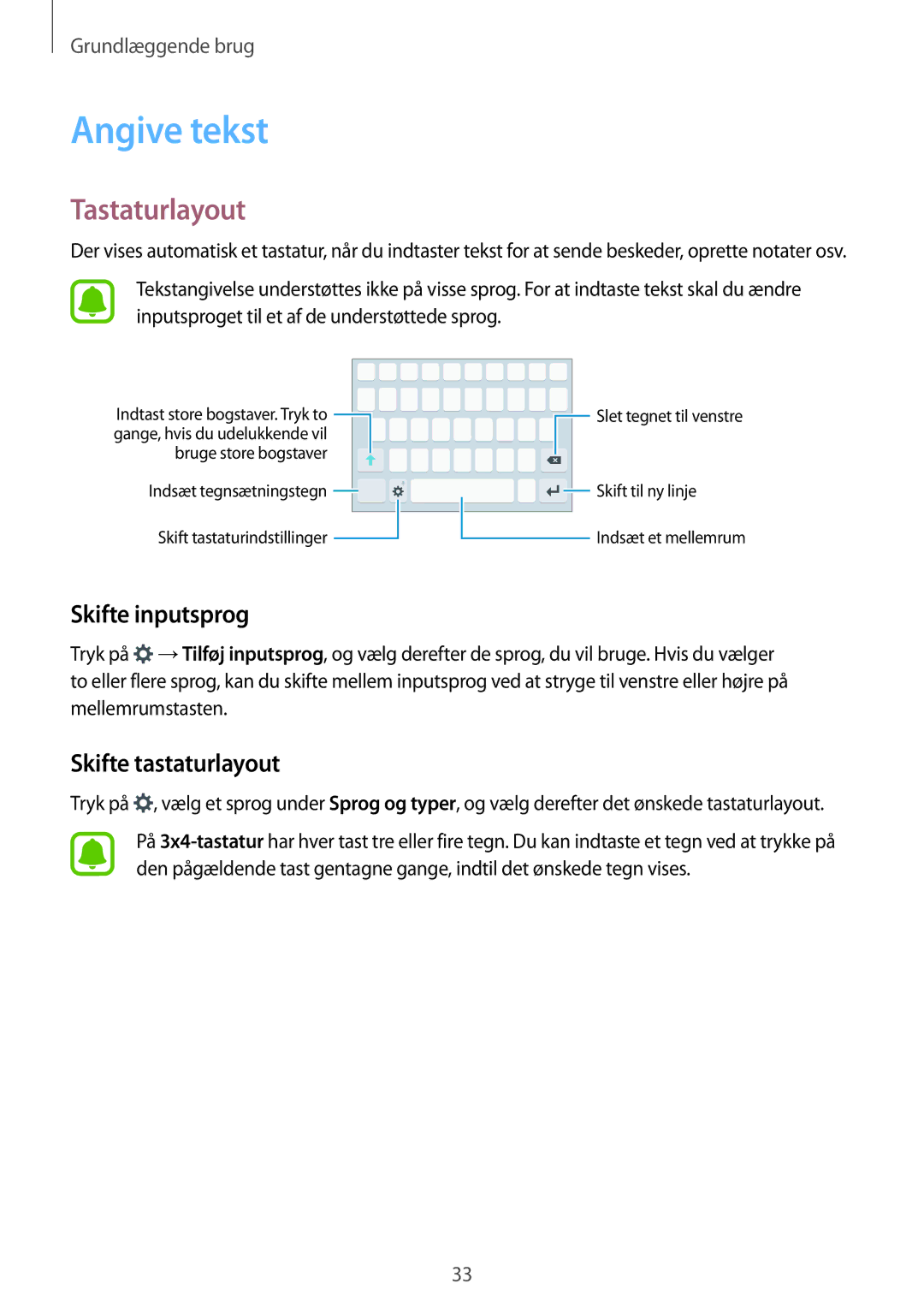 Samsung SM-G903FZKANEE manual Angive tekst, Tastaturlayout, Skifte inputsprog, Skifte tastaturlayout 