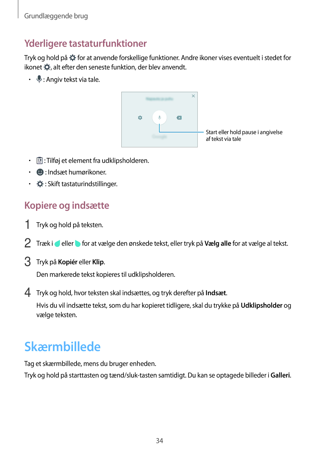 Samsung SM-G903FZKANEE manual Skærmbillede, Yderligere tastaturfunktioner, Kopiere og indsætte, Tryk og hold på teksten 