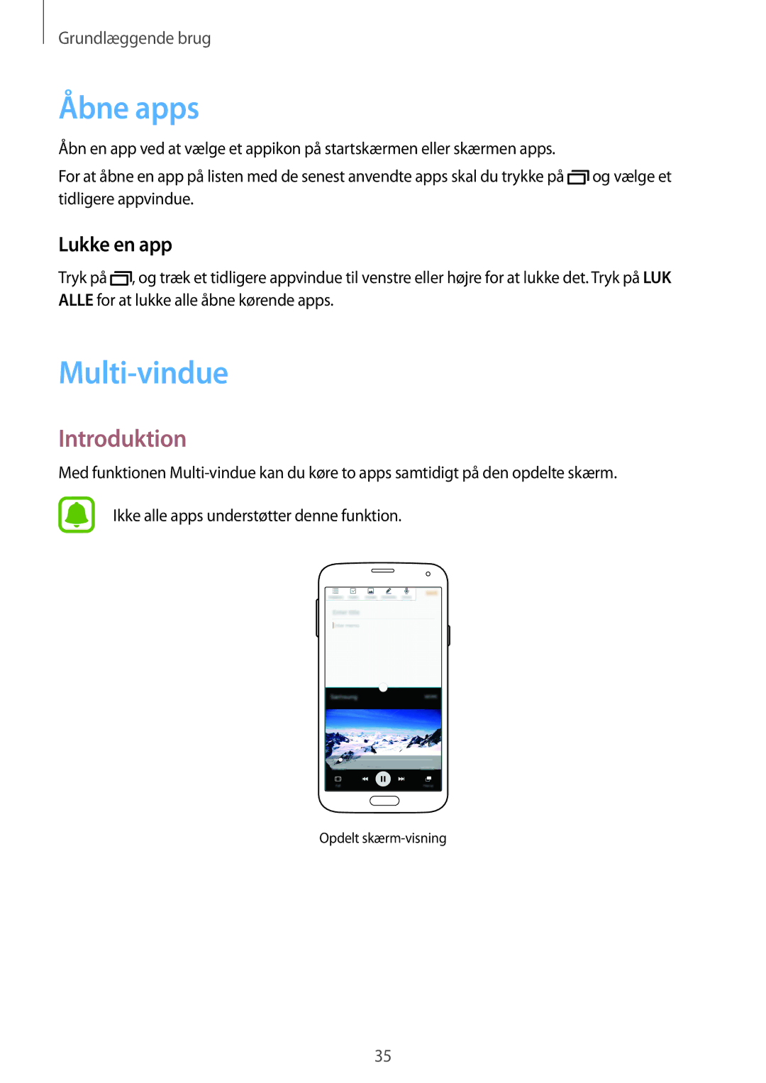 Samsung SM-G903FZKANEE manual Åbne apps, Multi-vindue, Introduktion, Lukke en app 