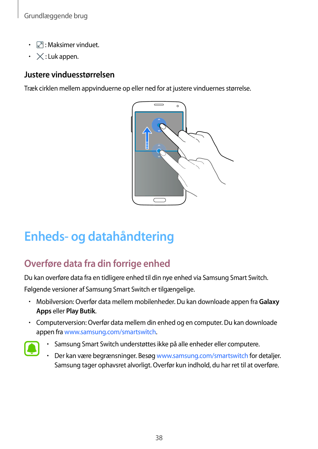 Samsung SM-G903FZKANEE manual Enheds- og datahåndtering, Overføre data fra din forrige enhed, Justere vinduesstørrelsen 