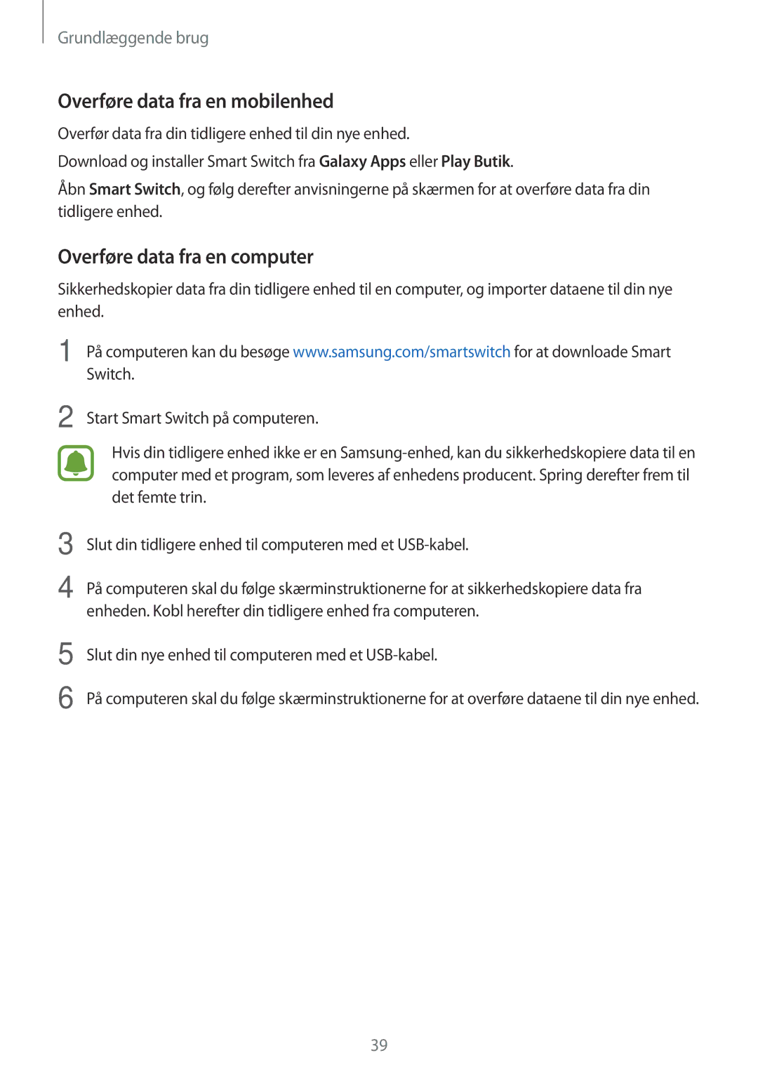 Samsung SM-G903FZKANEE manual Overføre data fra en mobilenhed, Overføre data fra en computer 