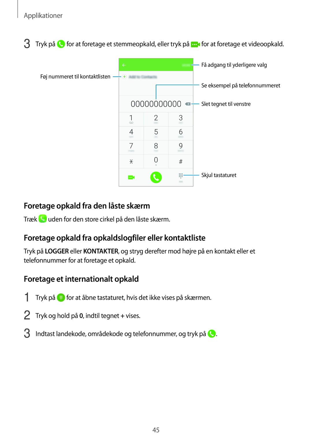 Samsung SM-G903FZKANEE manual Foretage opkald fra den låste skærm, Foretage opkald fra opkaldslogfiler eller kontaktliste 