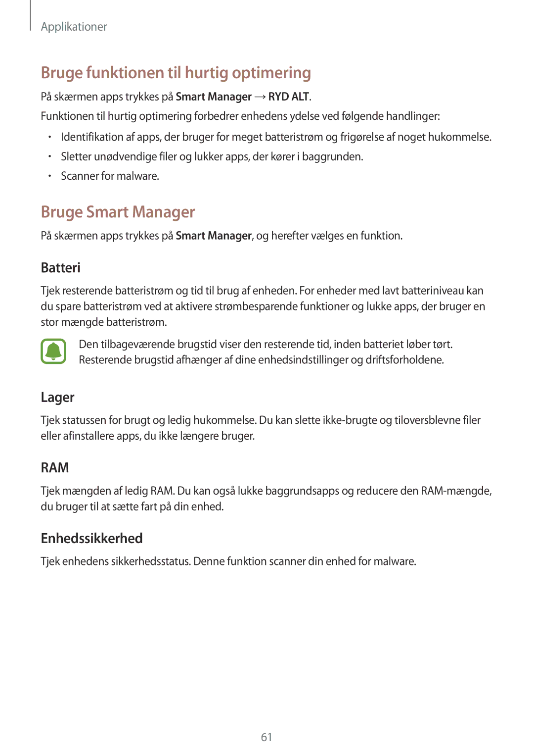 Samsung SM-G903FZKANEE manual Bruge funktionen til hurtig optimering, Bruge Smart Manager, Batteri, Lager, Enhedssikkerhed 