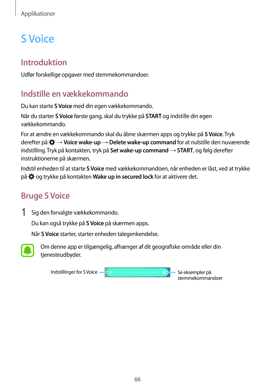 Samsung SM-G903FZKANEE manual Indstille en vækkekommando, Bruge S Voice, Udfør forskellige opgaver med stemmekommandoer 