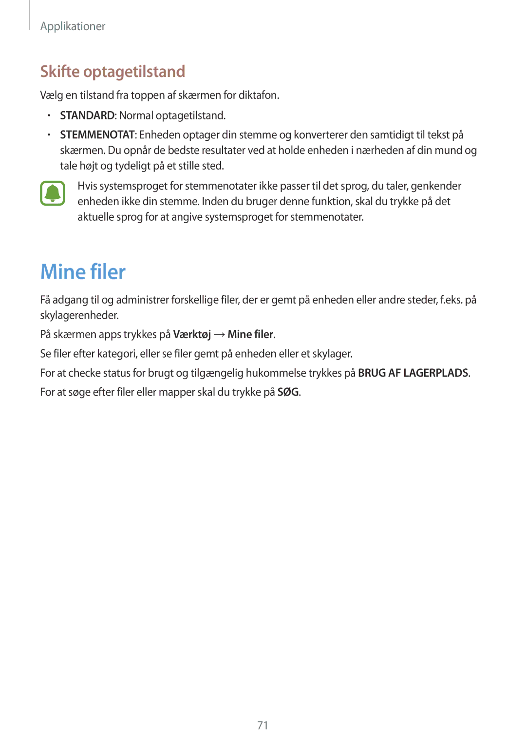 Samsung SM-G903FZKANEE manual Mine filer, Skifte optagetilstand 