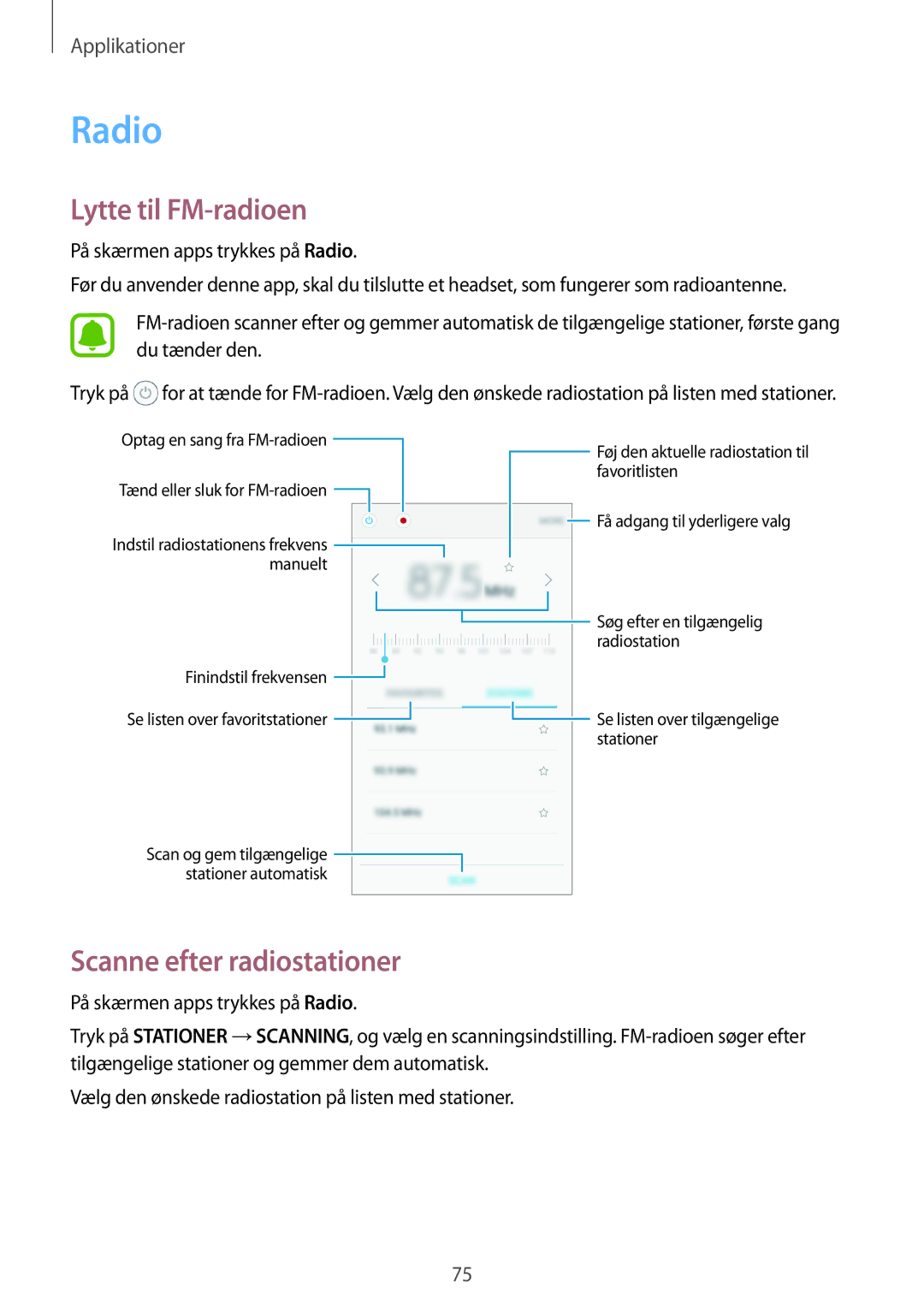 Samsung SM-G903FZKANEE manual Radio, Lytte til FM-radioen, Scanne efter radiostationer 