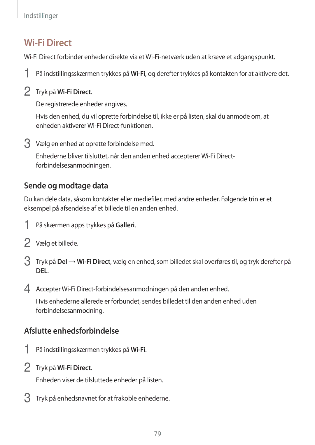 Samsung SM-G903FZKANEE manual Wi-Fi Direct, Sende og modtage data, Afslutte enhedsforbindelse 