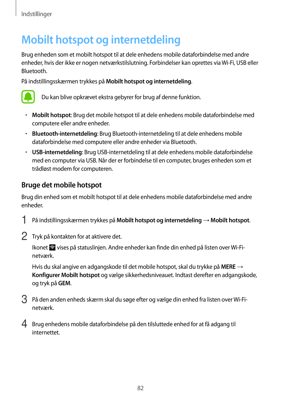 Samsung SM-G903FZKANEE manual Mobilt hotspot og internetdeling, Bruge det mobile hotspot 