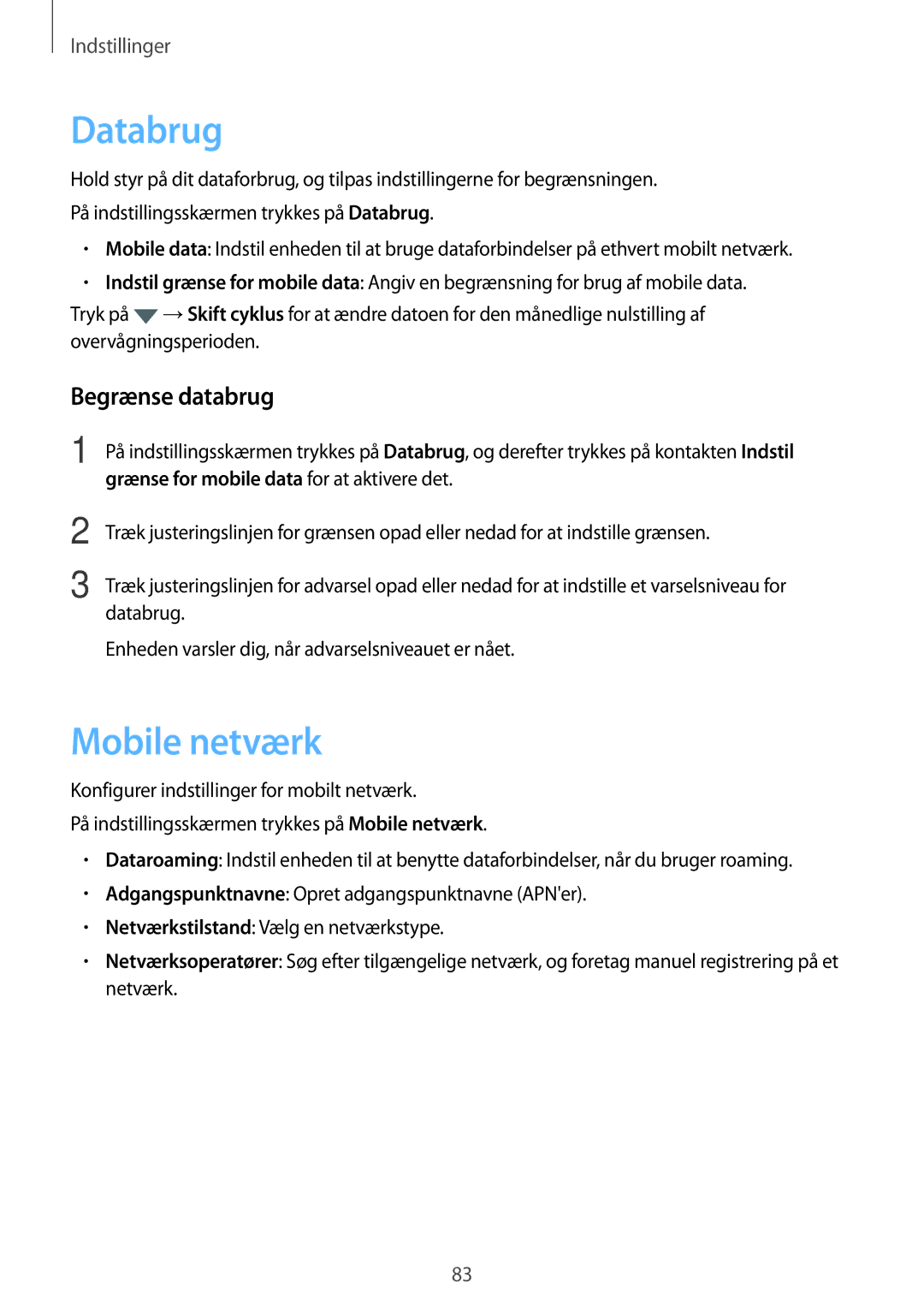 Samsung SM-G903FZKANEE manual Databrug, Mobile netværk, Begrænse databrug 