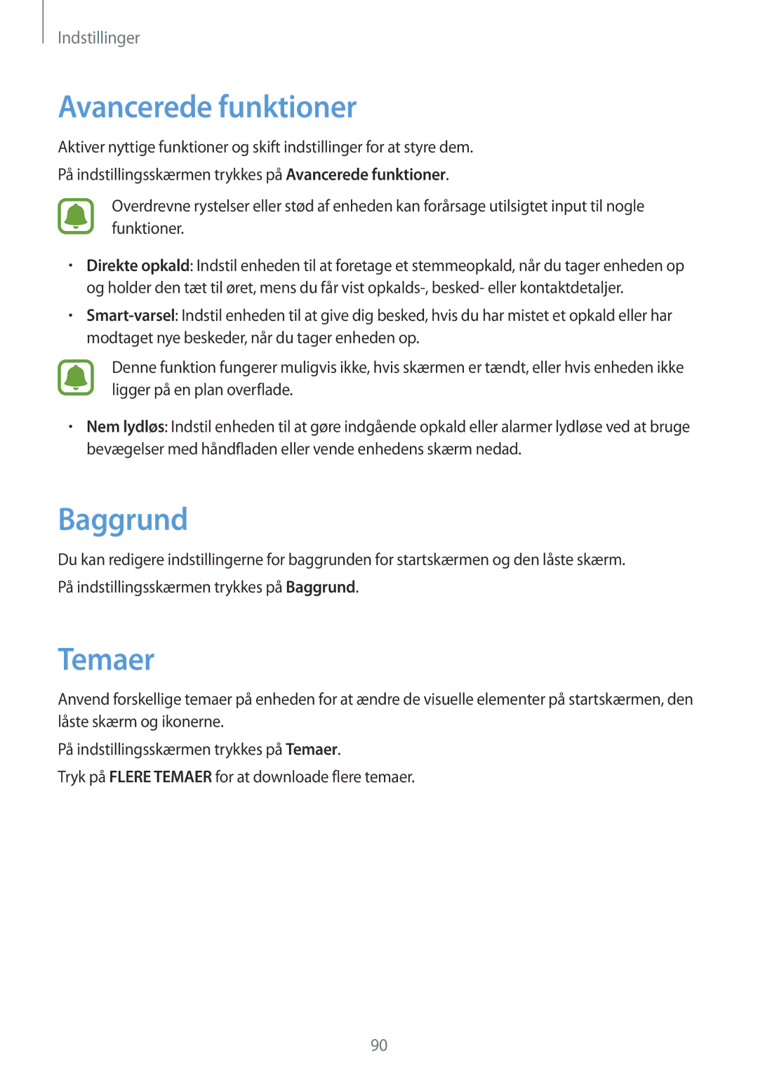 Samsung SM-G903FZKANEE manual Avancerede funktioner, Baggrund, Temaer 