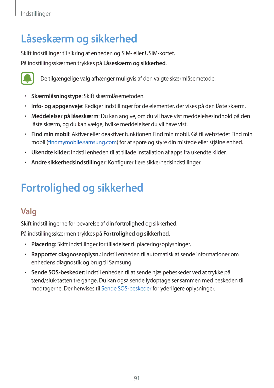Samsung SM-G903FZKANEE manual Låseskærm og sikkerhed, Fortrolighed og sikkerhed 