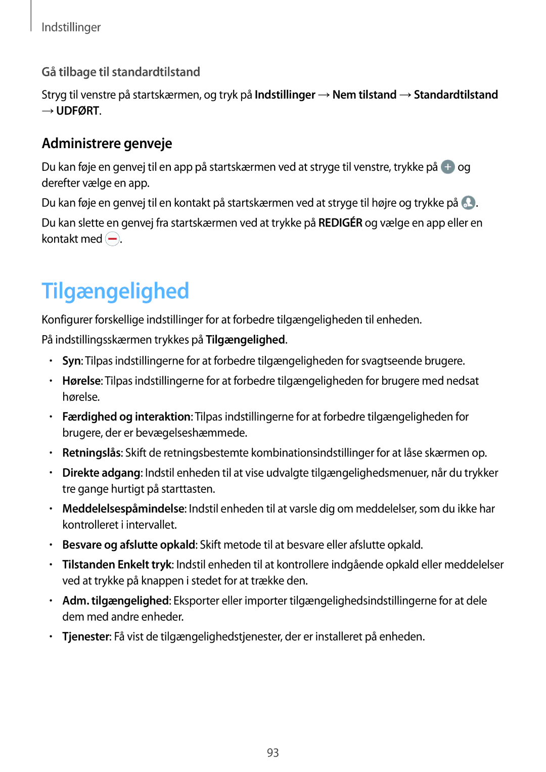 Samsung SM-G903FZKANEE manual Tilgængelighed, Administrere genveje 