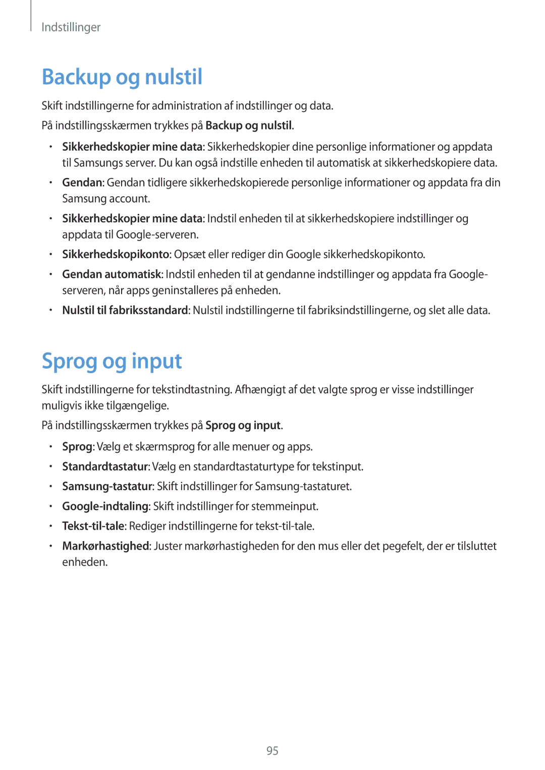 Samsung SM-G903FZKANEE manual Backup og nulstil, Sprog og input 