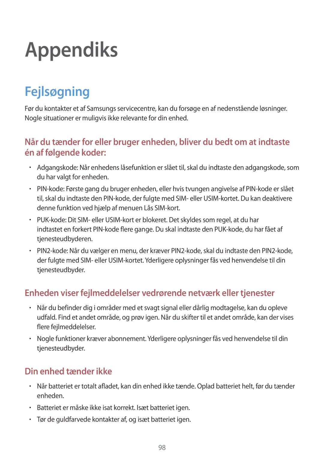 Samsung SM-G903FZKANEE manual Appendiks, Fejlsøgning 