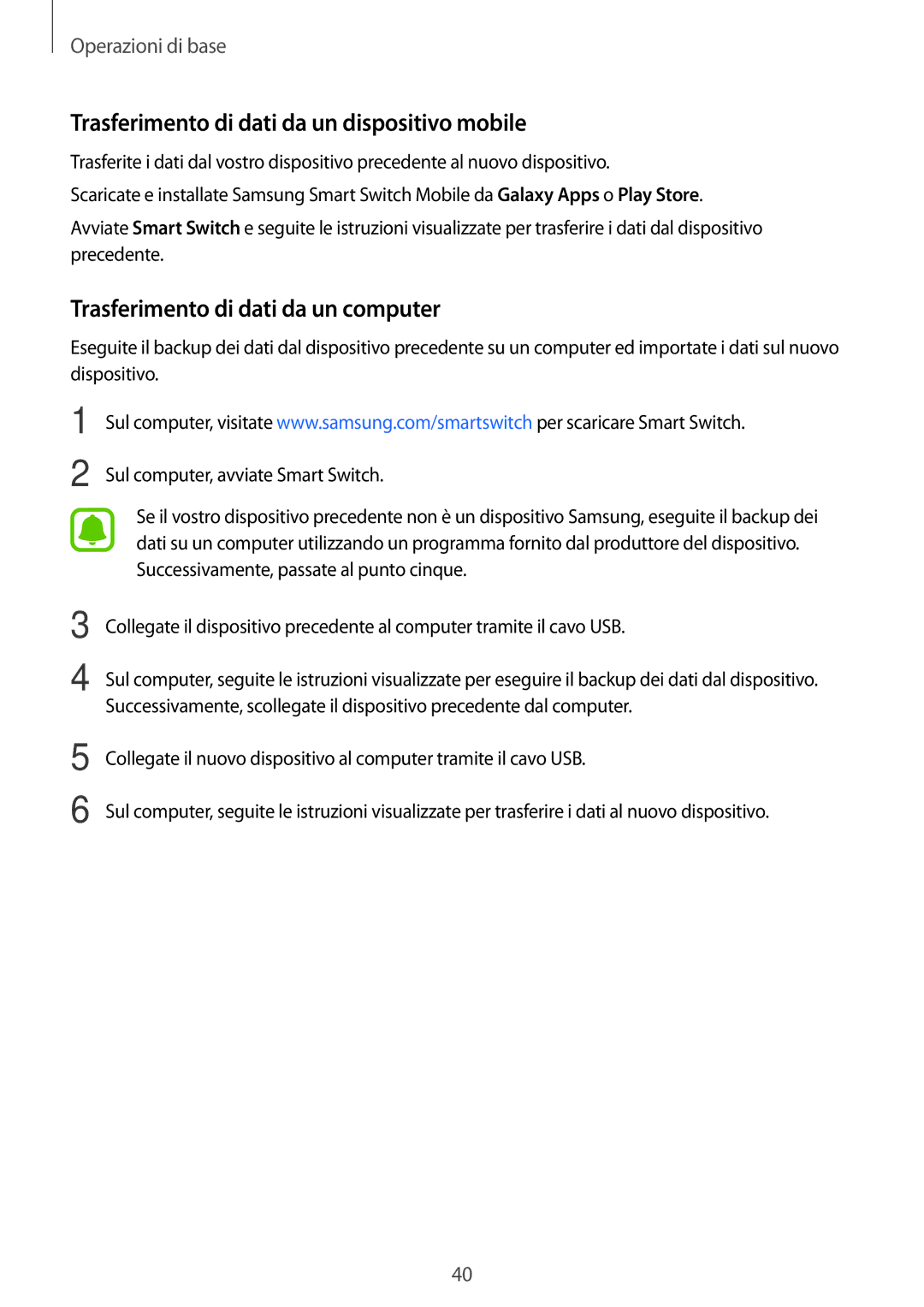 Samsung SM-G903FZDATIM manual Trasferimento di dati da un dispositivo mobile, Trasferimento di dati da un computer 