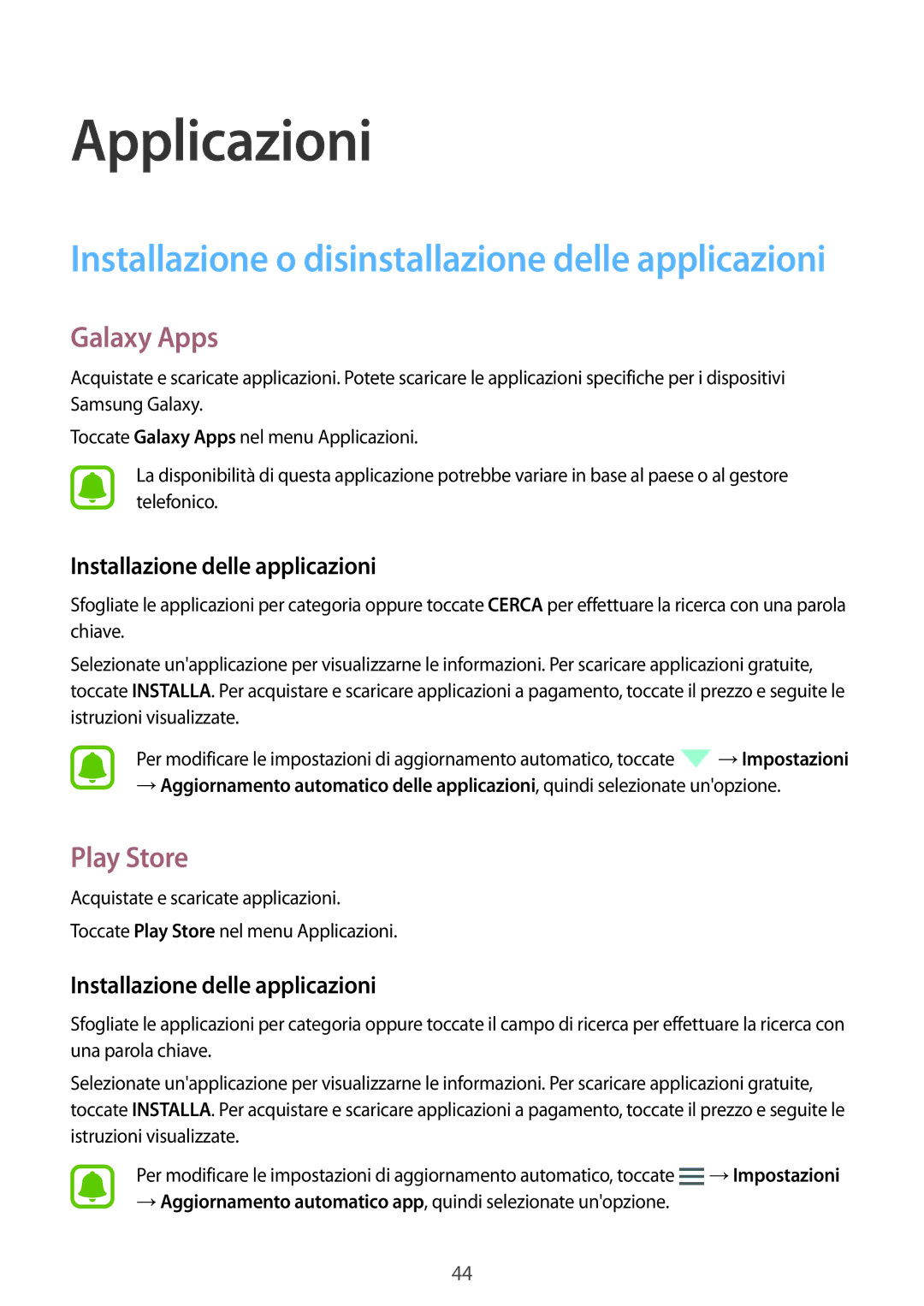 Samsung SM-G903FZSATIM, SM-G903FZKATIM, SM-G903FZDATIM manual Galaxy Apps, Play Store, Installazione delle applicazioni 