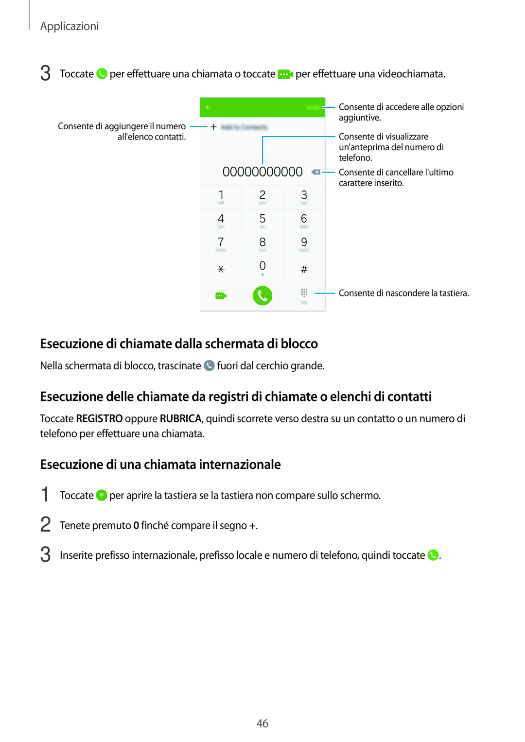 Samsung SM-G903FZDATIM manual Esecuzione di chiamate dalla schermata di blocco, Esecuzione di una chiamata internazionale 