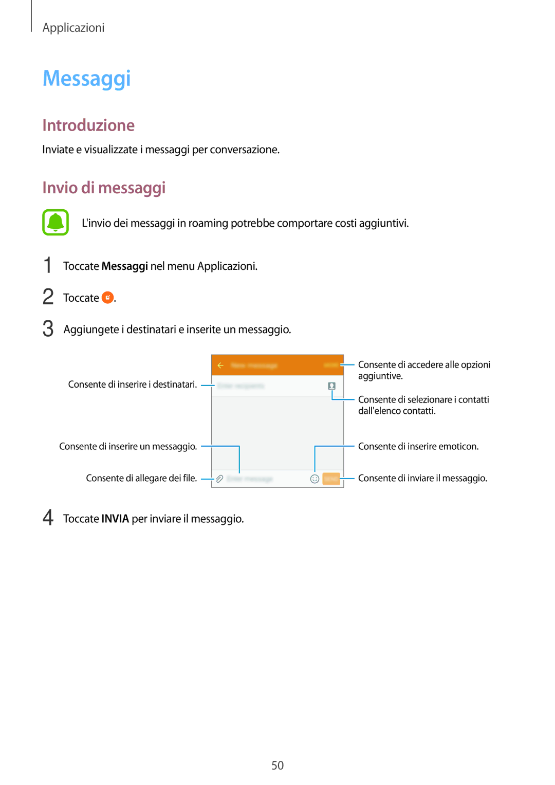 Samsung SM-G903FZSATIM, SM-G903FZKATIM, SM-G903FZDATIM manual Messaggi, Invio di messaggi 